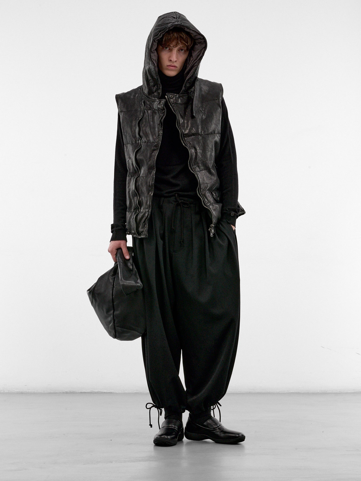 Black Leather Hooded Puffer Vest (HW-V99-700-1-BLACK)