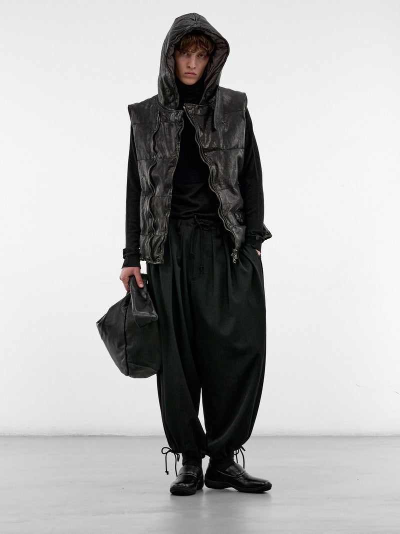Black Leather Hooded Puffer Vest (HW-V99-700-1-BLACK)