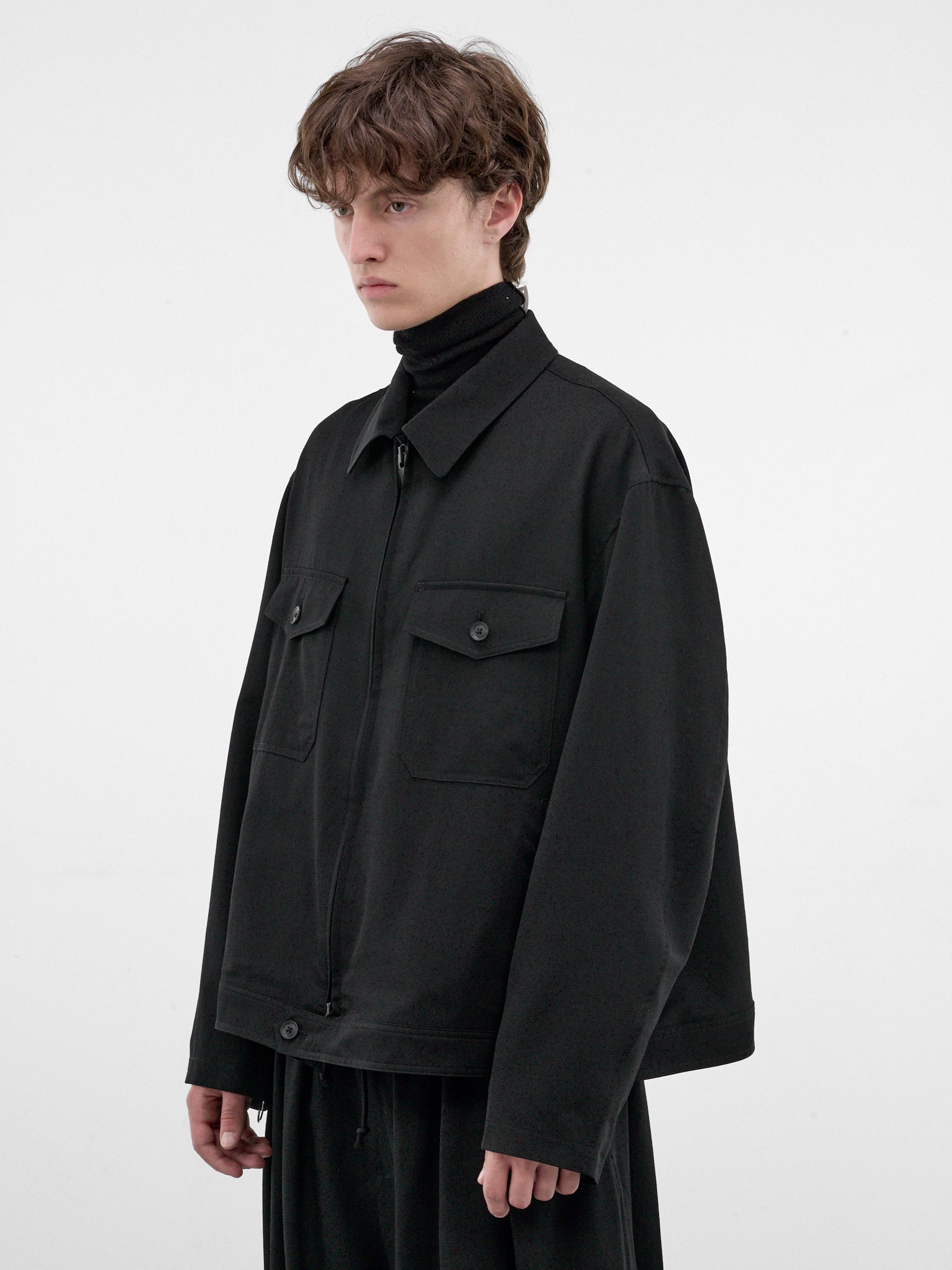 Black Gabardine Wool Zip Jacket (HW-Y01-100-2-BLACK)