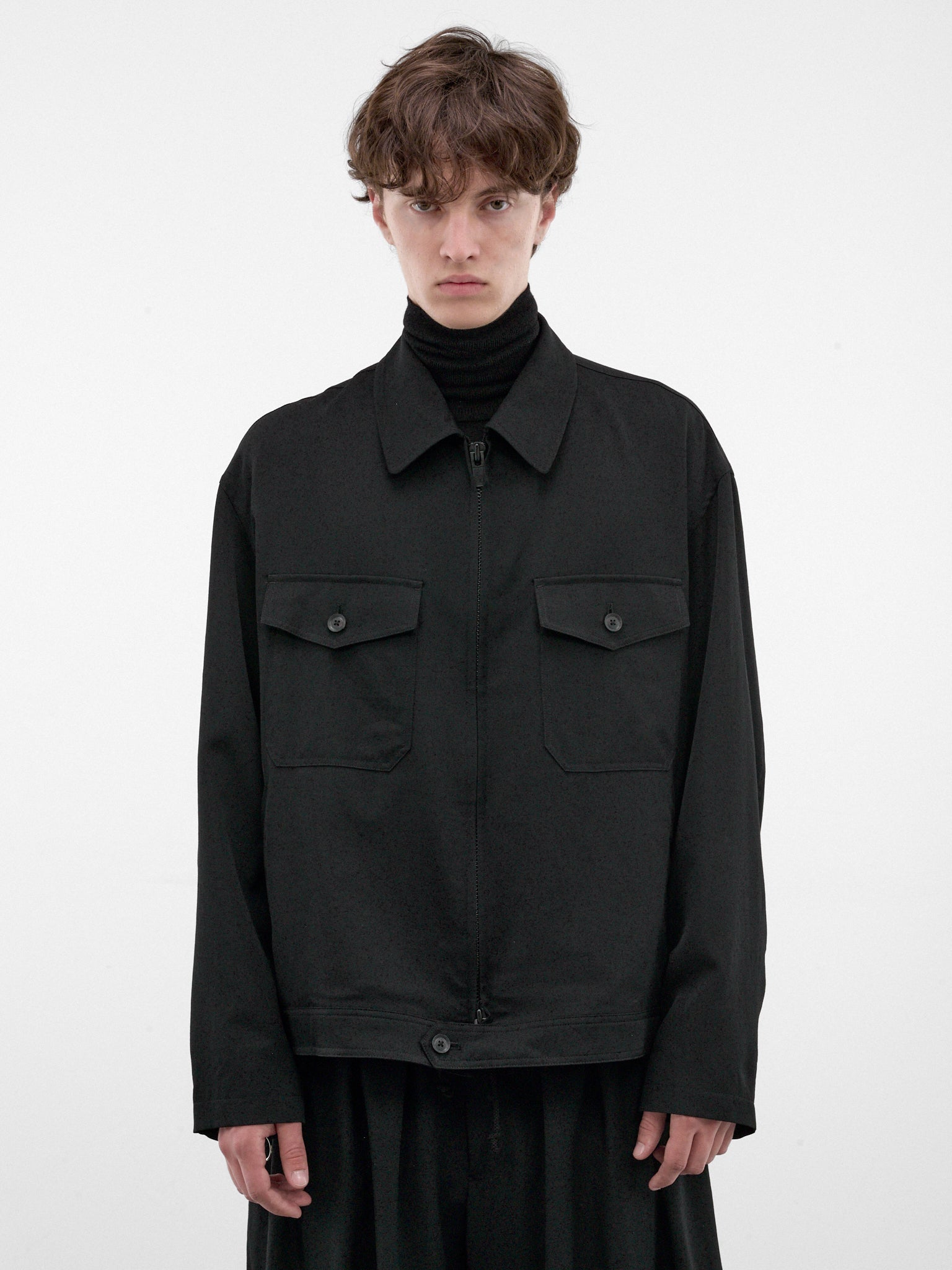 Black Gabardine Wool Zip Jacket (HW-Y01-100-2-BLACK)
