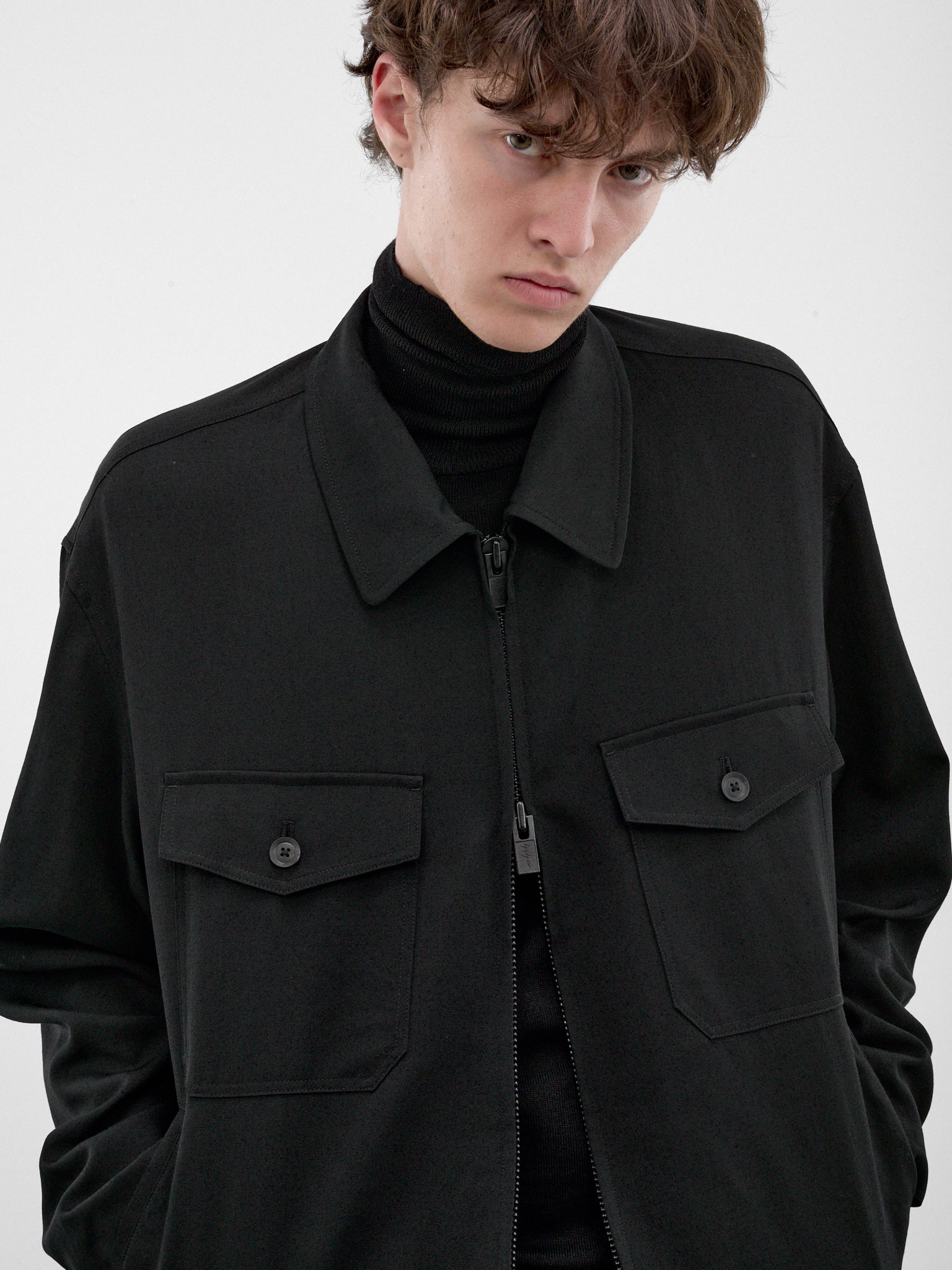 Black Gabardine Wool Zip Jacket (HW-Y01-100-2-BLACK)