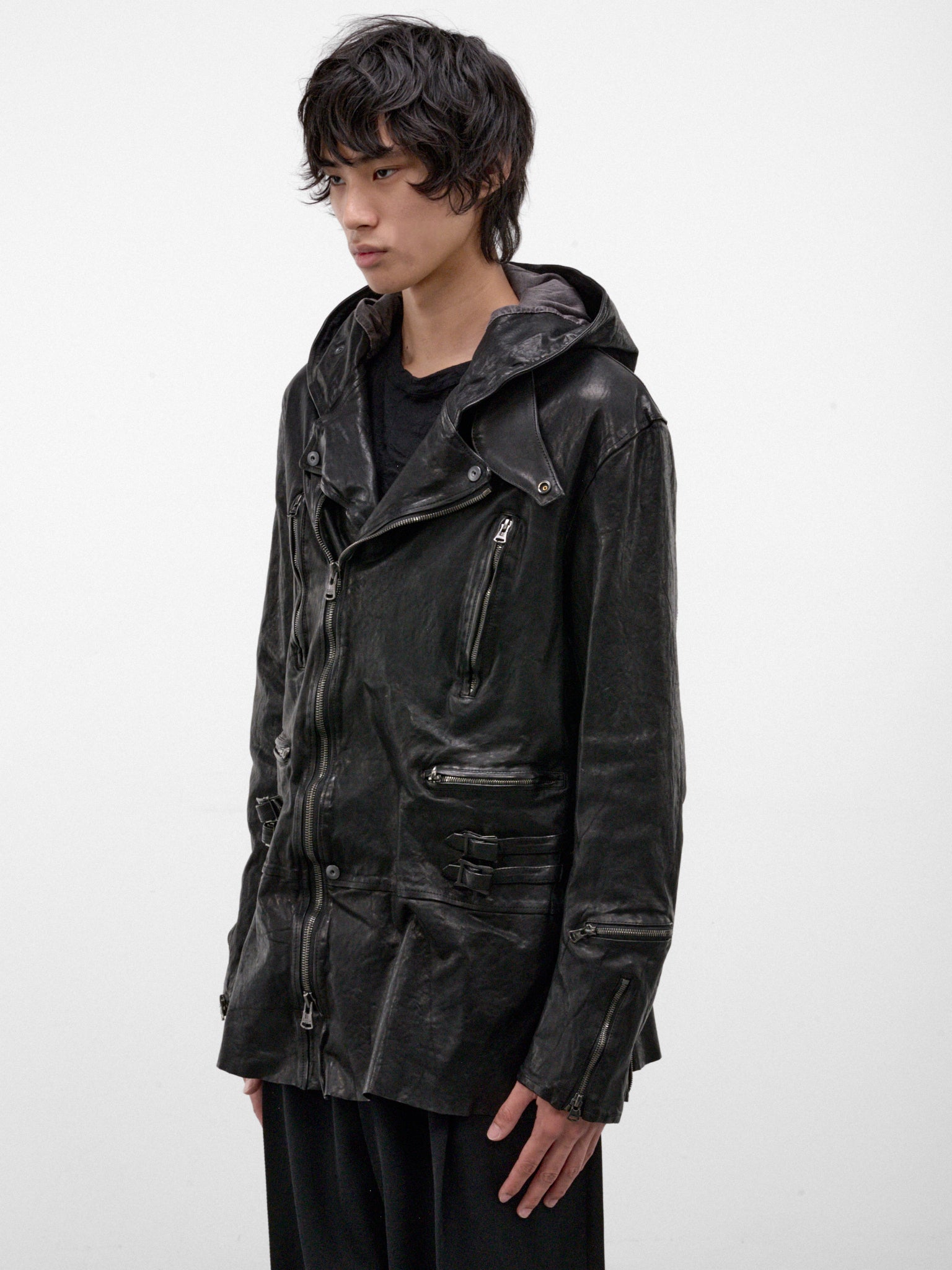 Black Leather Riders Hooded Jacket (HW-Y97-700-1-BLACK)