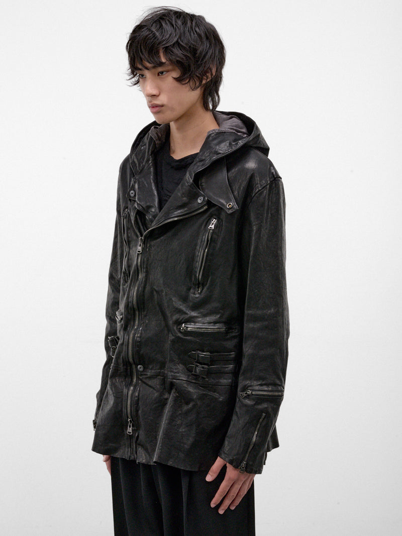 Black Leather Riders Hooded Jacket (HW-Y97-700-1-BLACK)