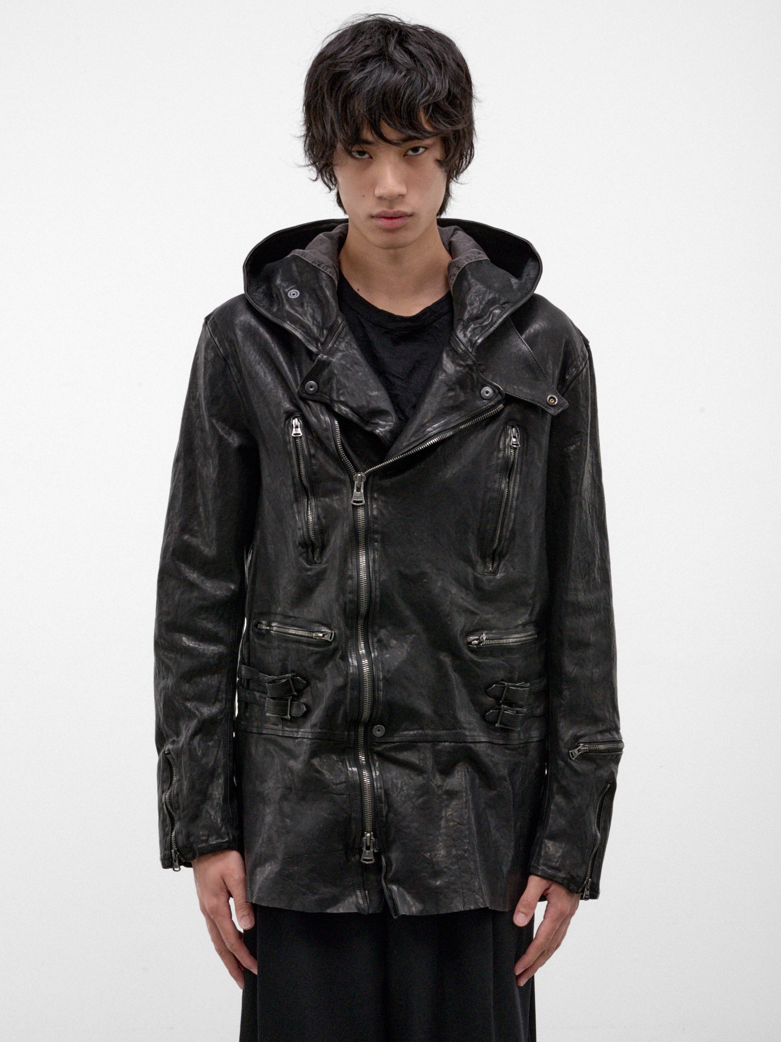 Black Leather Riders Hooded Jacket (HW-Y97-700-1-BLACK)