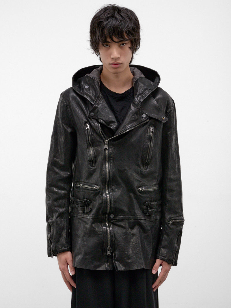 Black Leather Riders Hooded Jacket (HW-Y97-700-1-BLACK)