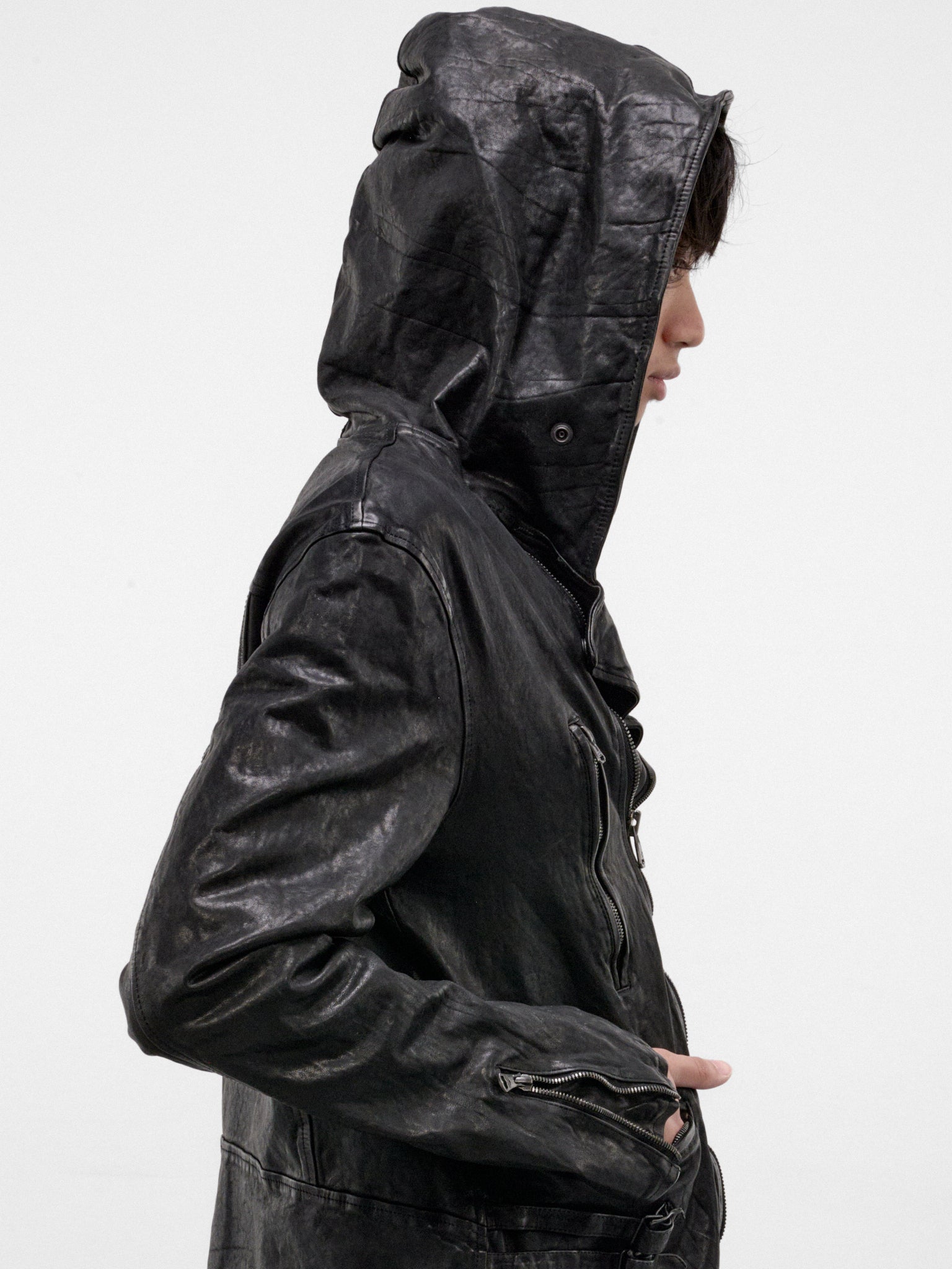 Black Leather Riders Hooded Jacket (HW-Y97-700-1-BLACK)