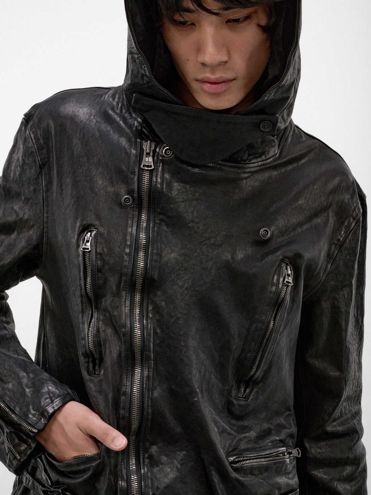 Black Leather Riders Hooded Jacket (HW-Y97-700-1-BLACK)