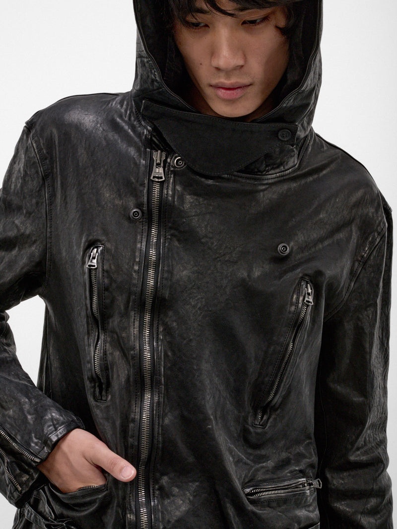 Black Leather Riders Hooded Jacket (HW-Y97-700-1-BLACK)