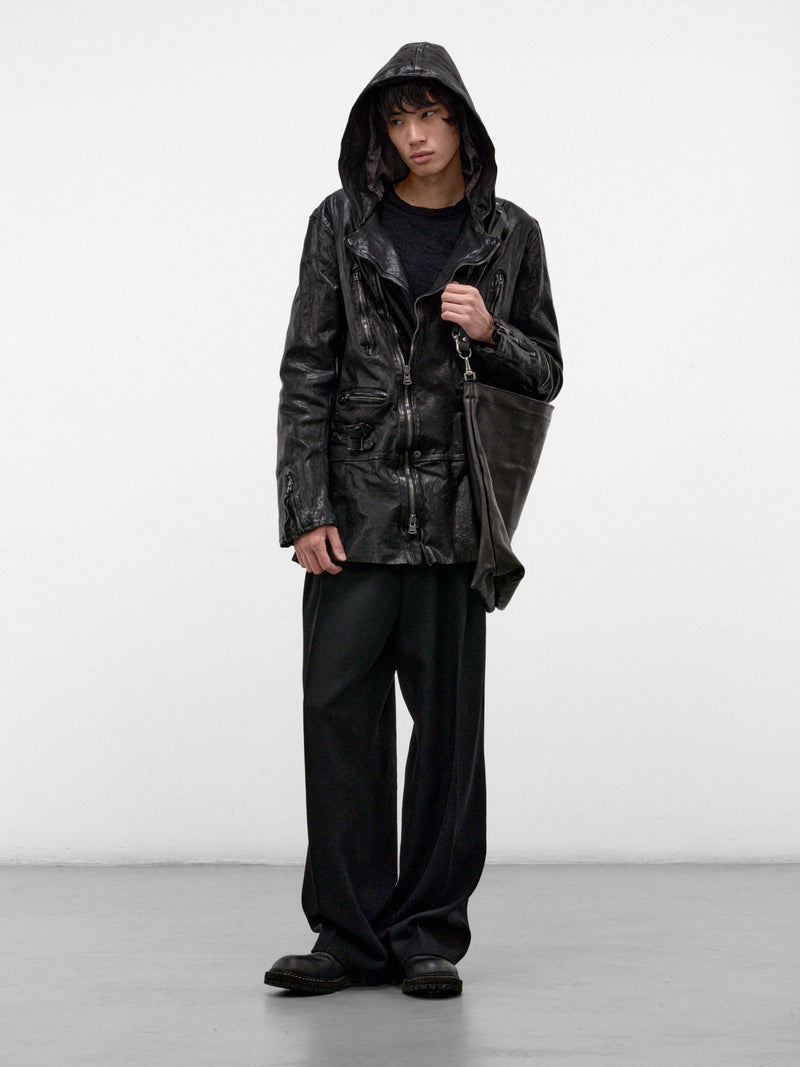 Black Leather Riders Hooded Jacket (HW-Y97-700-1-BLACK)