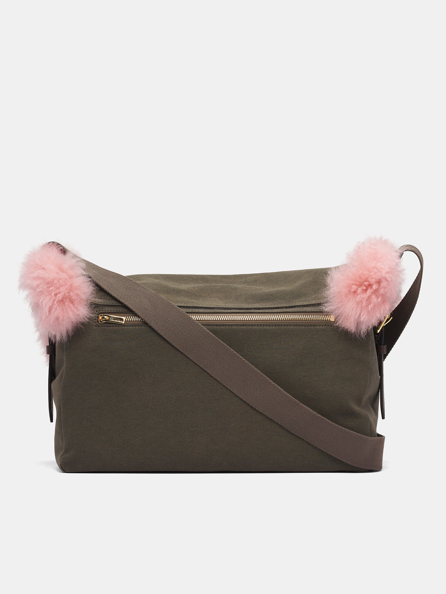 Fur Trim Canvas Messenger Bag (HW100A-DARK-GREEN-PINK)