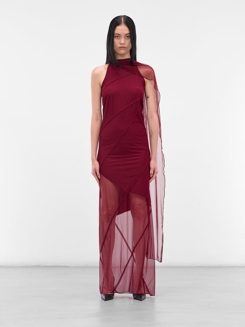 Red Mesh Shawl Maxi Dress (IOFW25DR13-2-RUBY)
