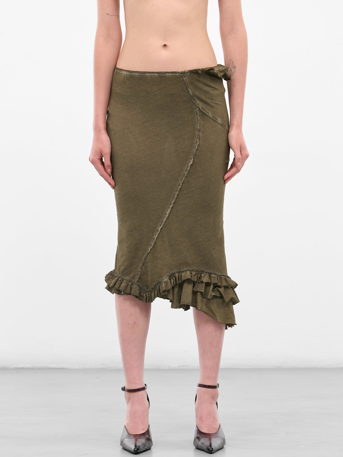 Olive Asymmetric Ruffle Midi Skirt (IOFW25SK04B-2-DARK-OLIVE)
