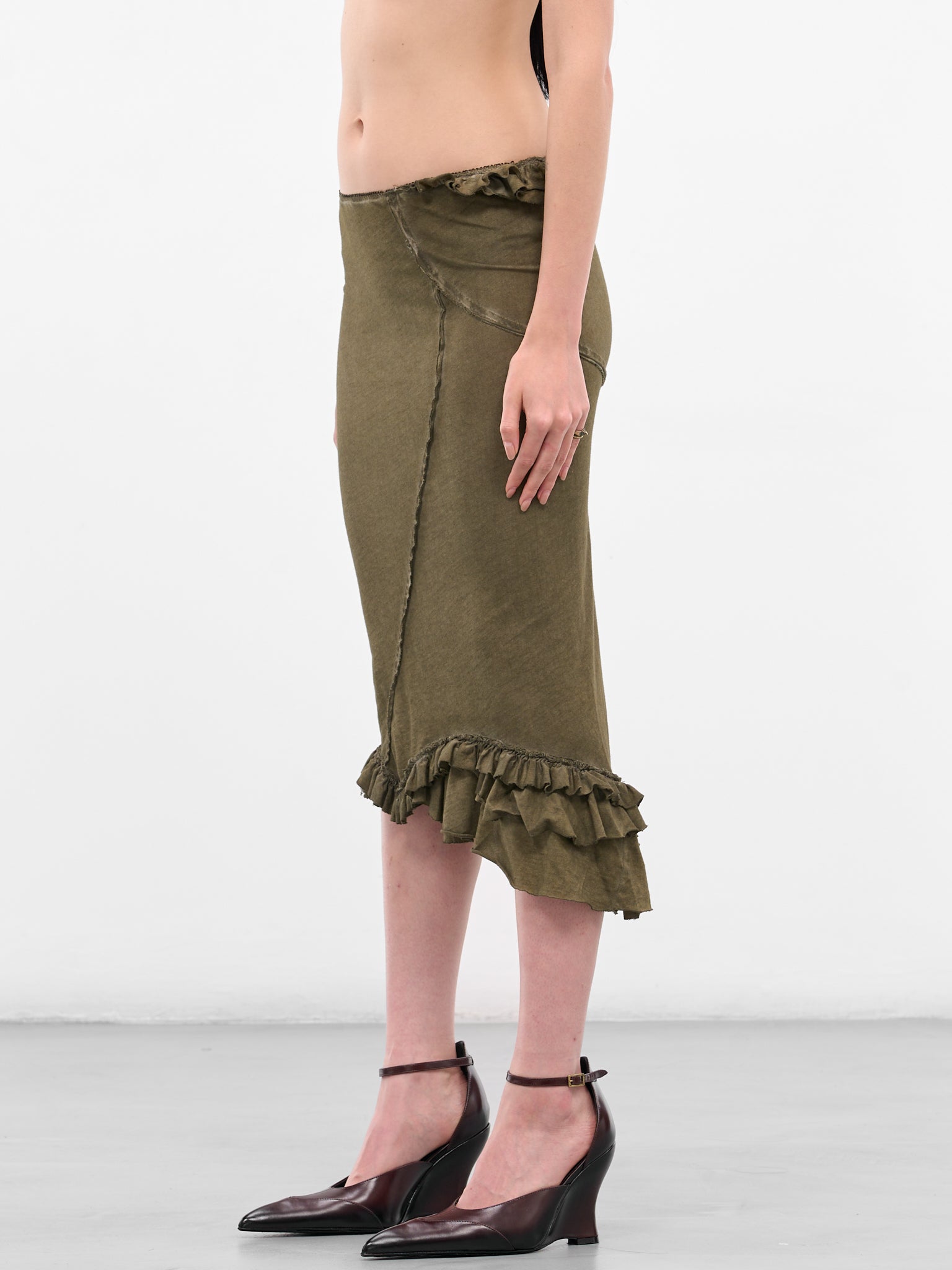 Olive Asymmetric Ruffle Midi Skirt (IOFW25SK04B-2-DARK-OLIVE)