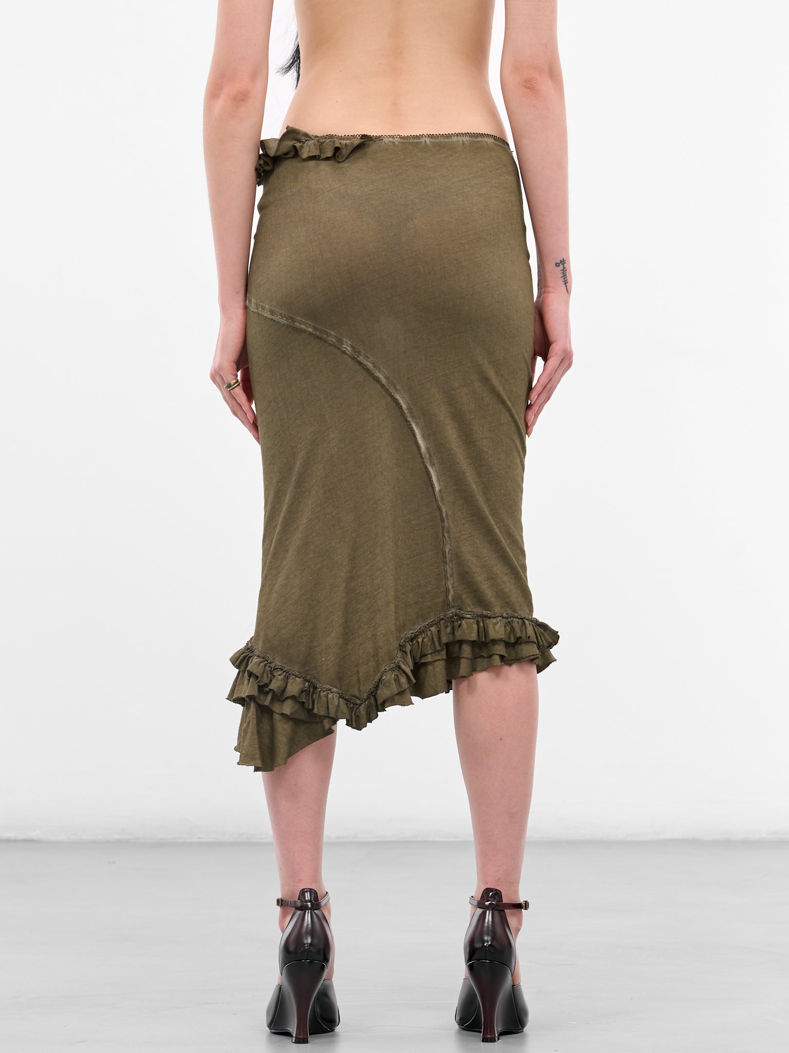 Olive Asymmetric Ruffle Midi Skirt (IOFW25SK04B-2-DARK-OLIVE)