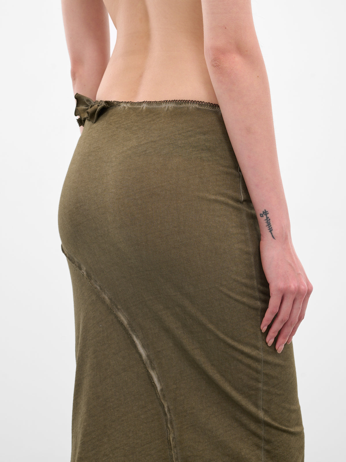 Olive Asymmetric Ruffle Midi Skirt (IOFW25SK04B-2-DARK-OLIVE)