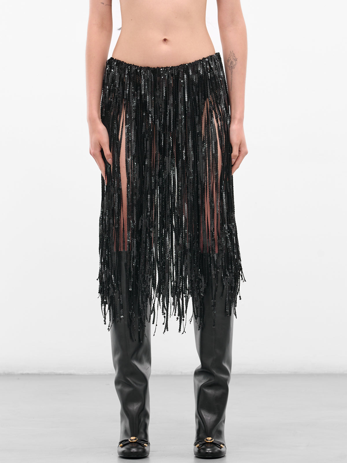 Black Sequin Fringe Midi Skirt (IOFW25SK08-BLACK)