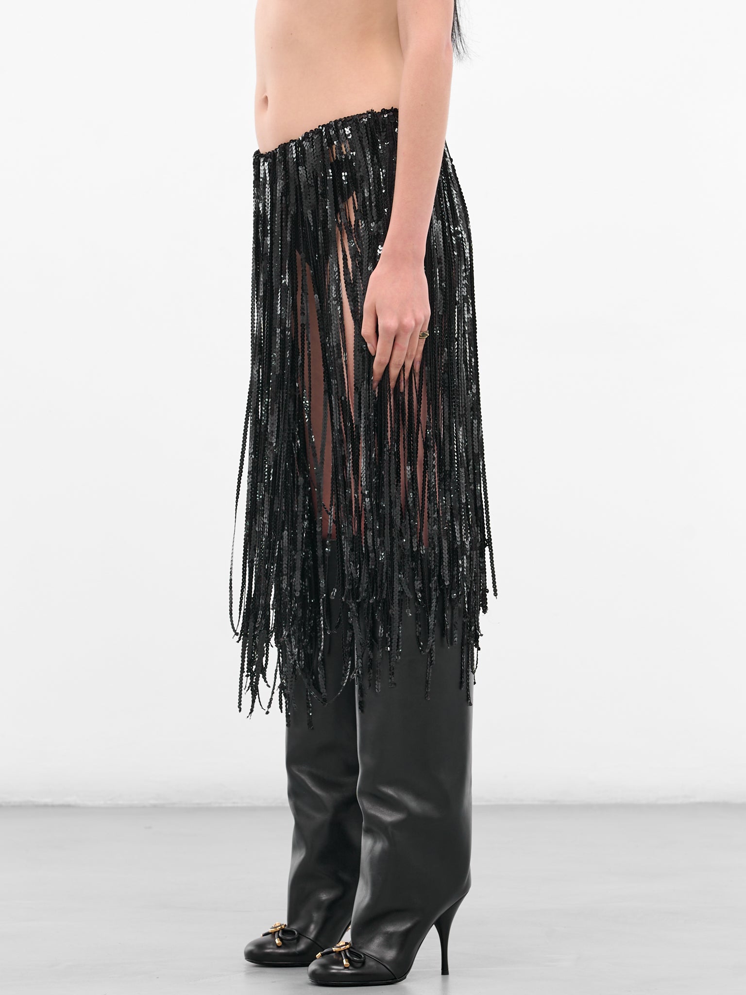 Black Sequin Fringe Midi Skirt (IOFW25SK08-BLACK)
