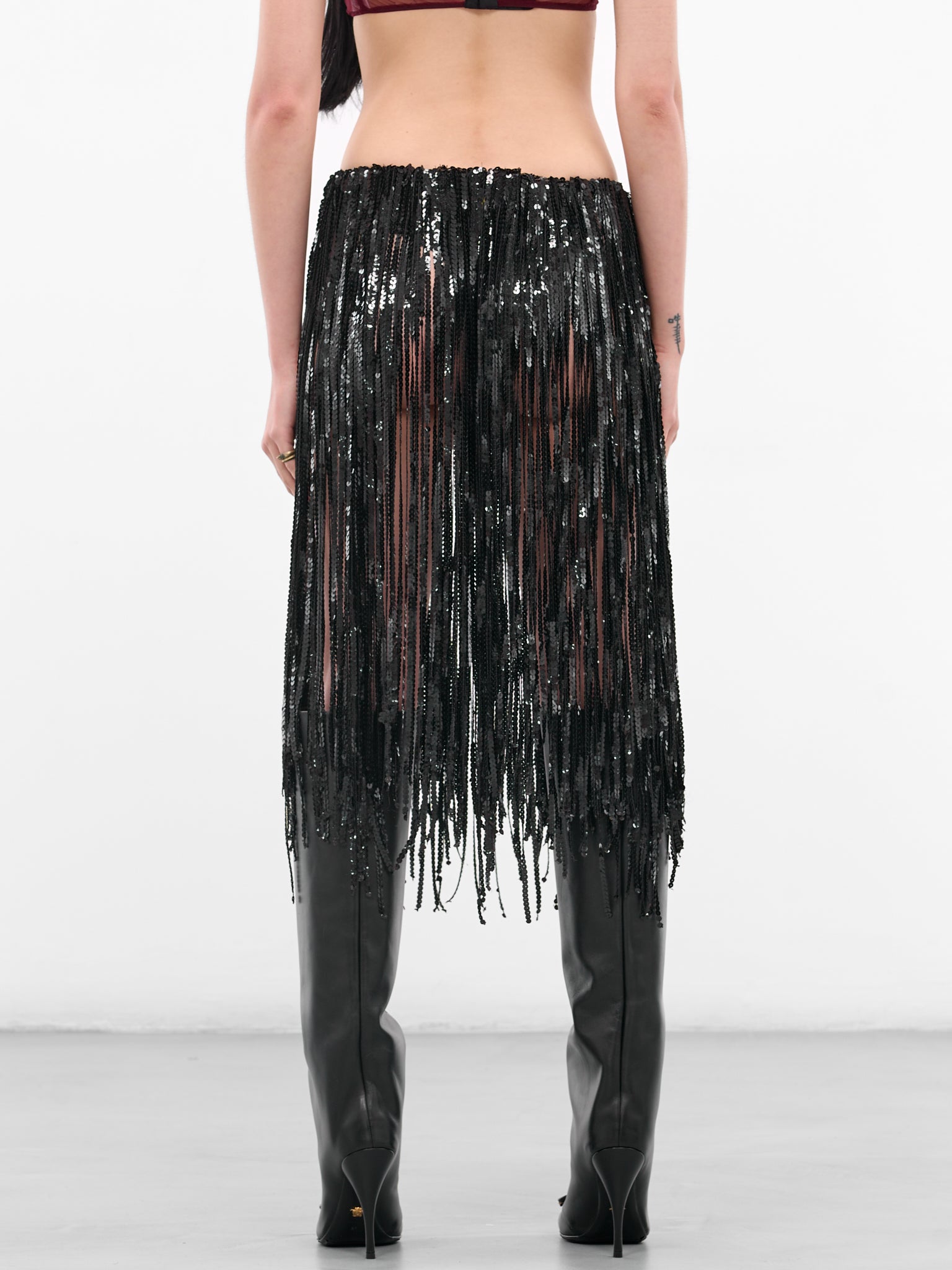 Black Sequin Fringe Midi Skirt (IOFW25SK08-BLACK)