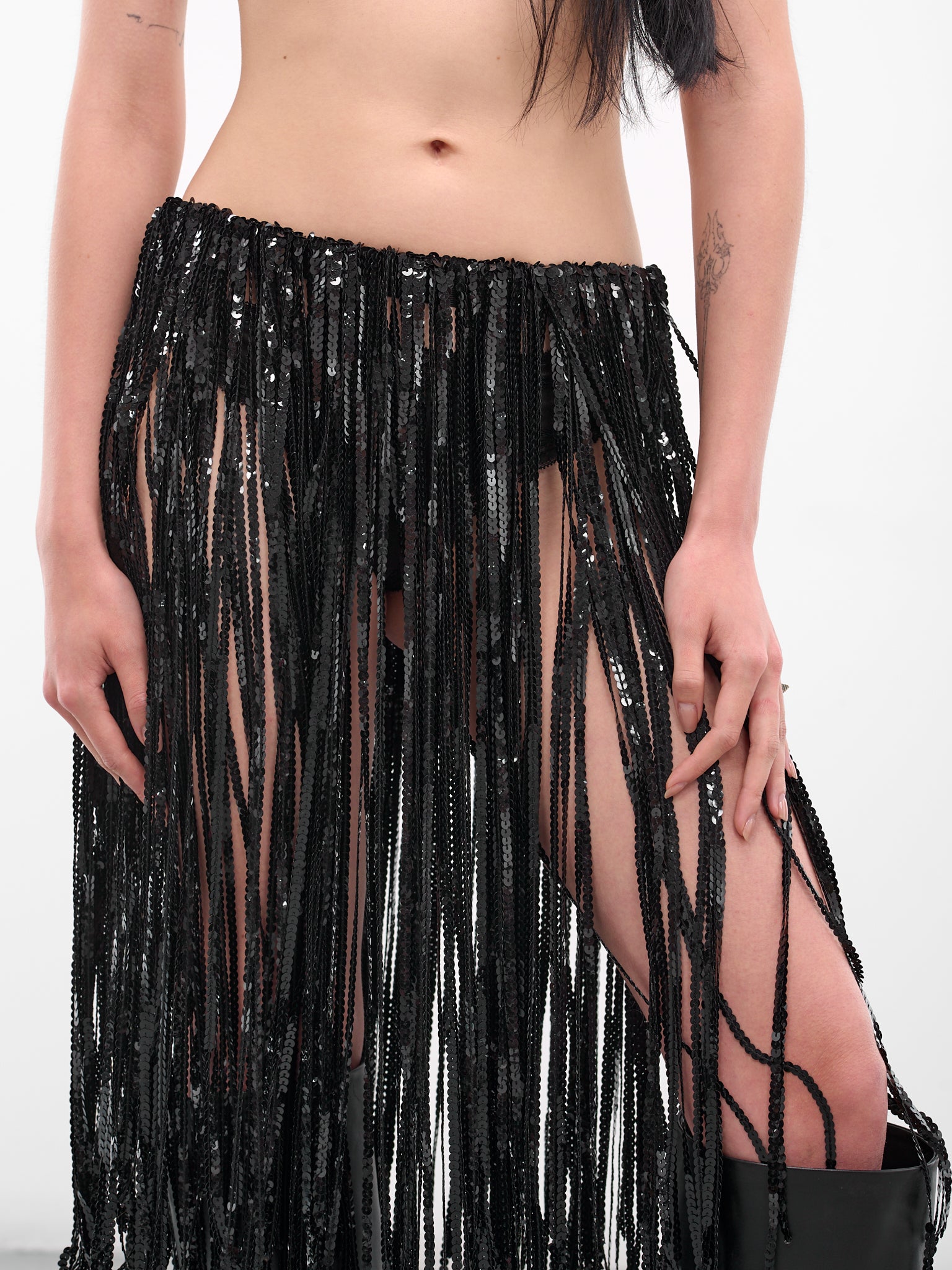 Black Sequin Fringe Midi Skirt (IOFW25SK08-BLACK)