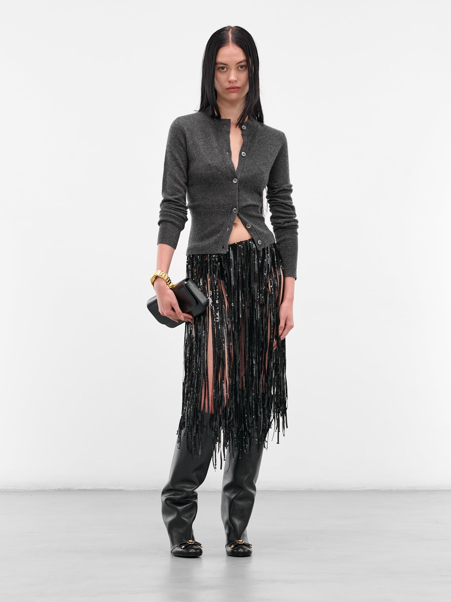 Black Sequin Fringe Midi Skirt (IOFW25SK08-BLACK)