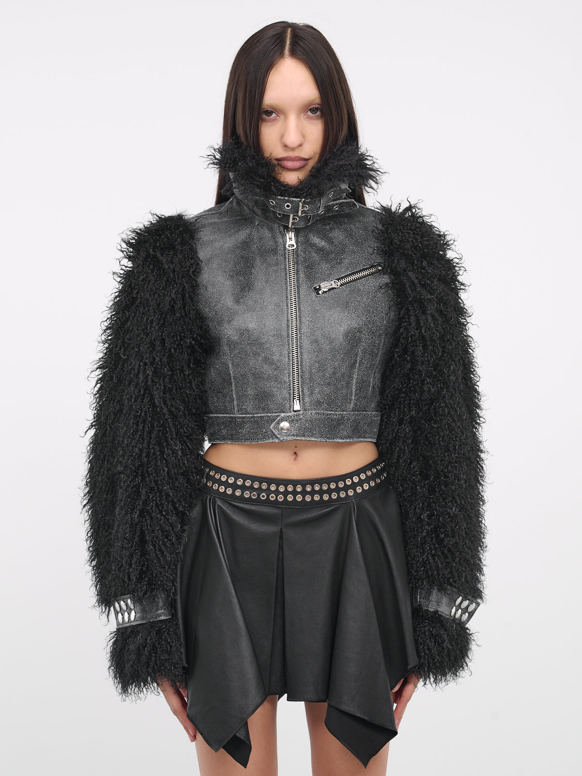 Fur Sleeve Leather Jacket (J007-BLACK)