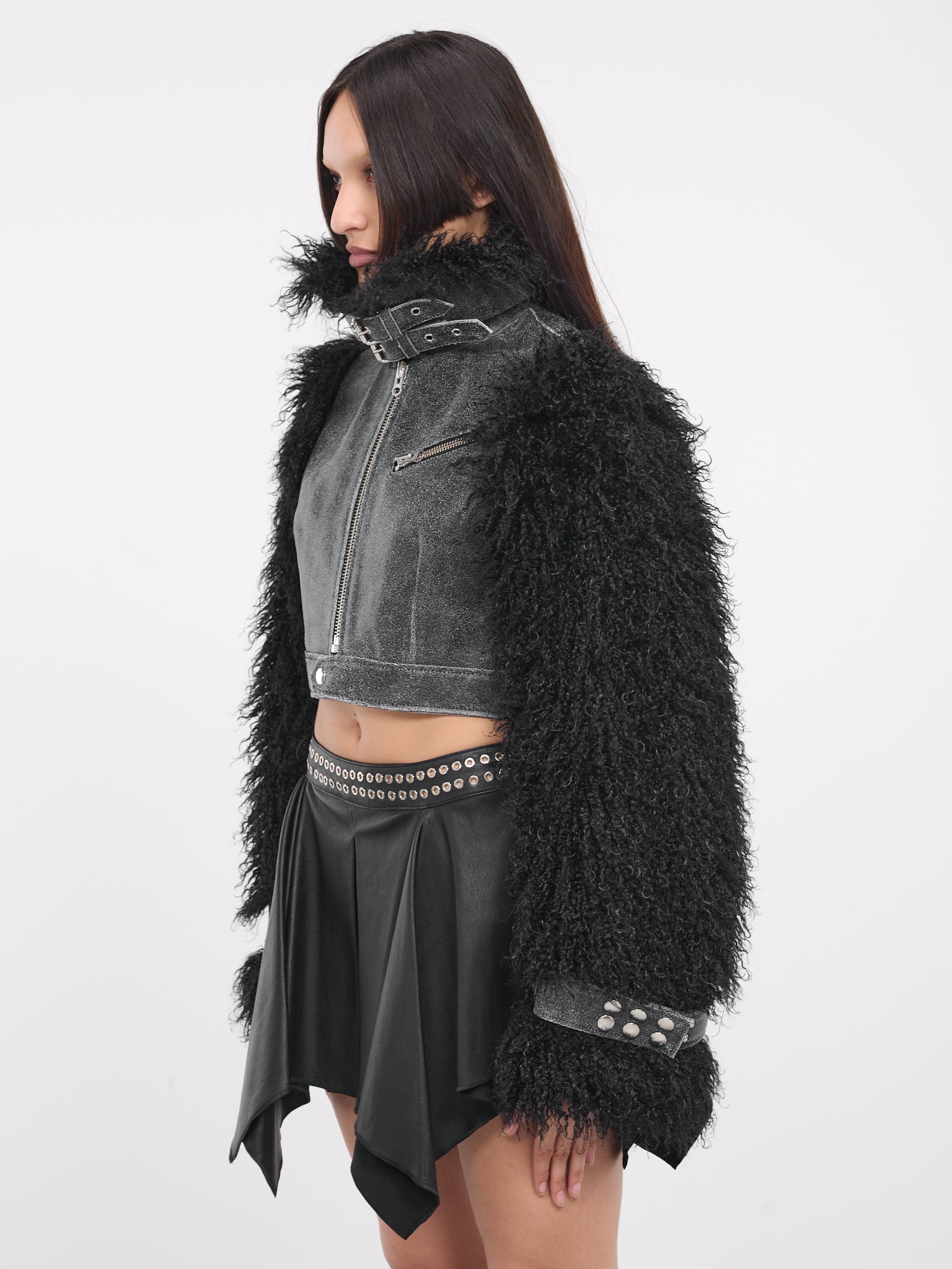 Fur Sleeve Leather Jacket (J007BLACK)