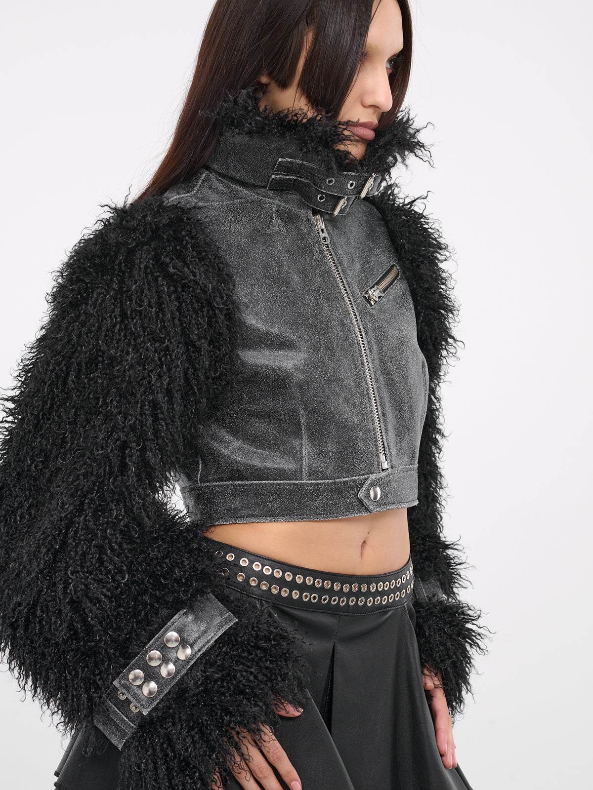 Fur Sleeve Leather Jacket (J007-BLACK)