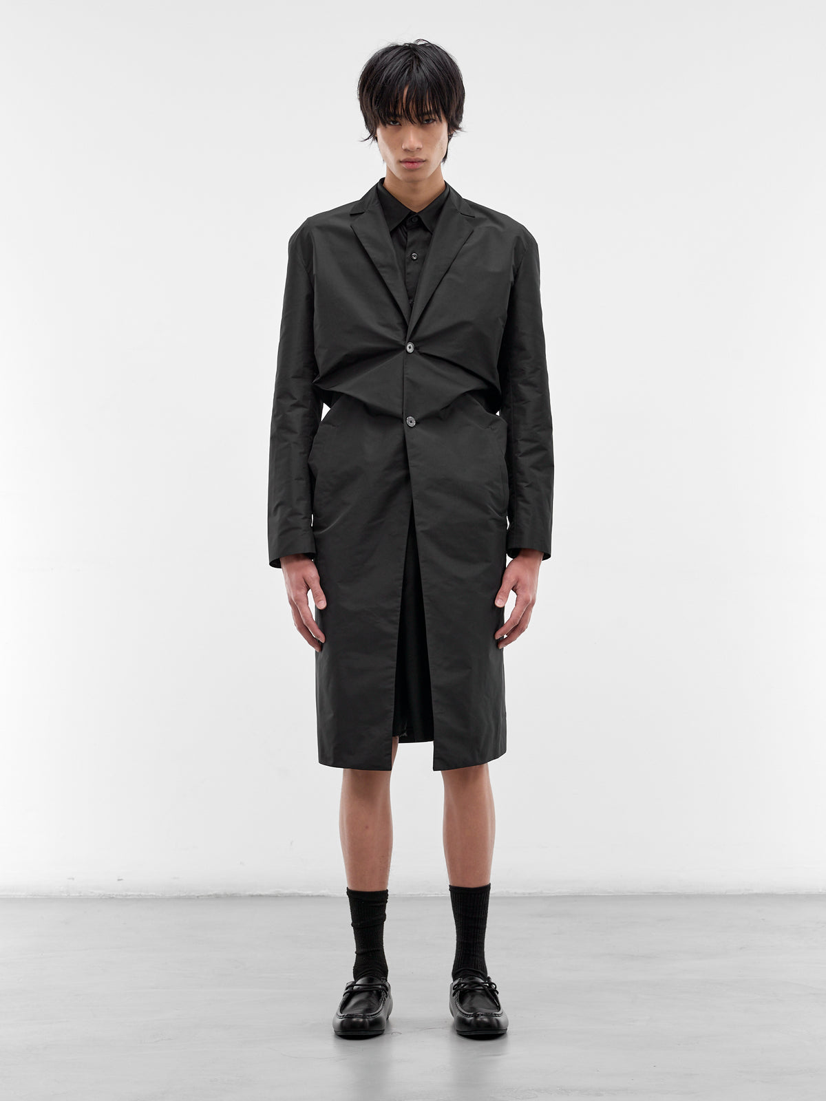 Black Asymmetric Gathered Coat (J21AA0207-J70221-001-BLACK)