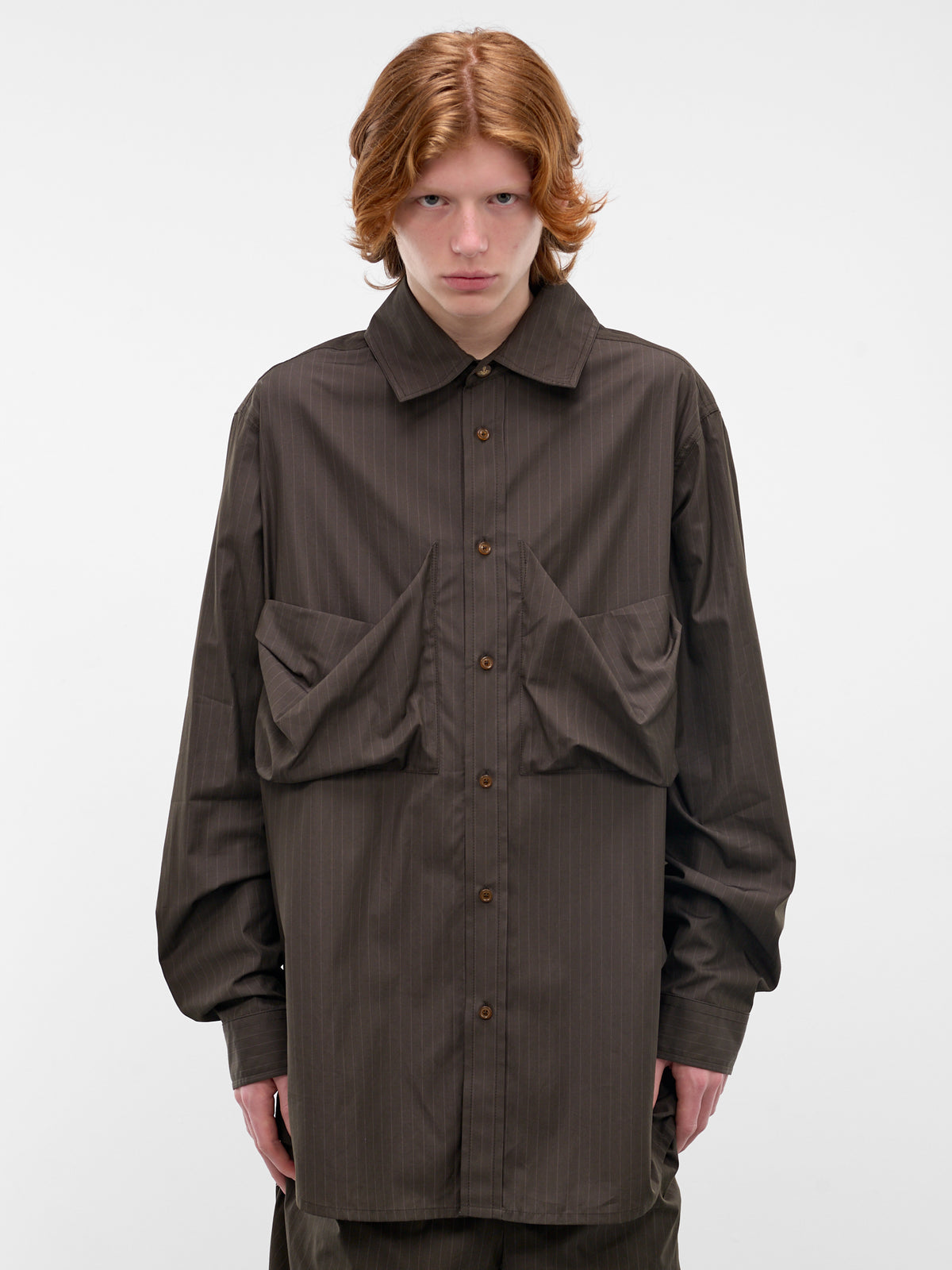 Achilles Pinstripe Draped Darting Overshirt (2401004J-W01EJ-DARK-KHAKI)