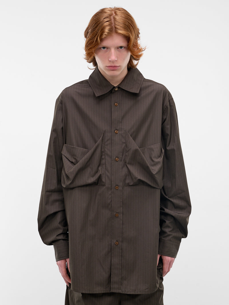 Achilles Pinstripe Draped Darting Overshirt (2401004J-W01EJ-DARK-KHAKI)