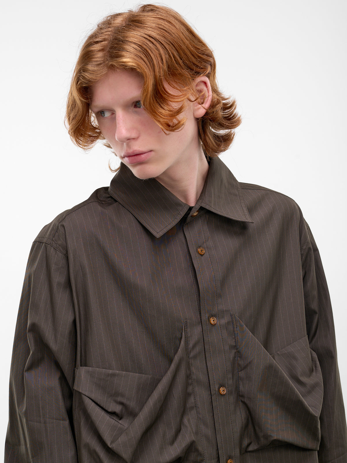 Achilles Pinstripe Draped Darting Overshirt (2401004J-W01EJ-DARK-KHAKI)