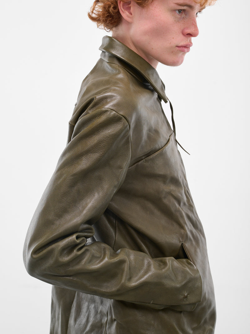 Buffalo Leather Zip Trucker Jacket (J250Z-BUL-1-0-MILITARY-GREEN)