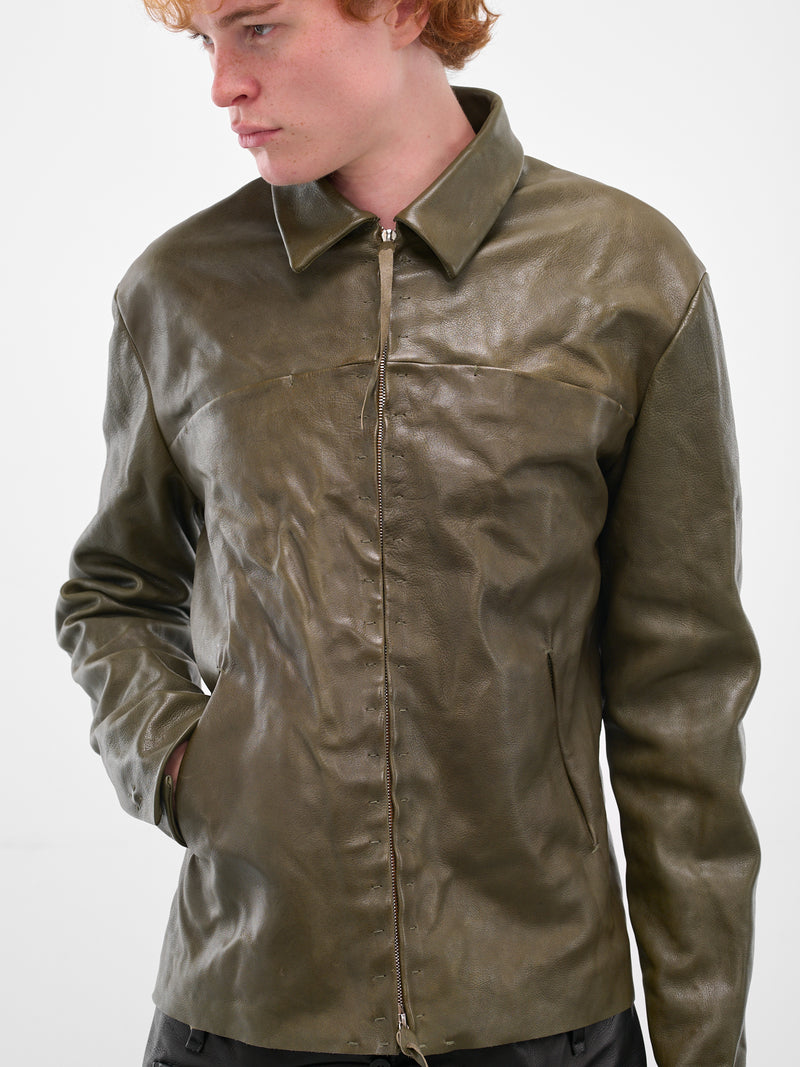 Buffalo Leather Zip Trucker Jacket (J250Z-BUL-1-0-MILITARY-GREEN)