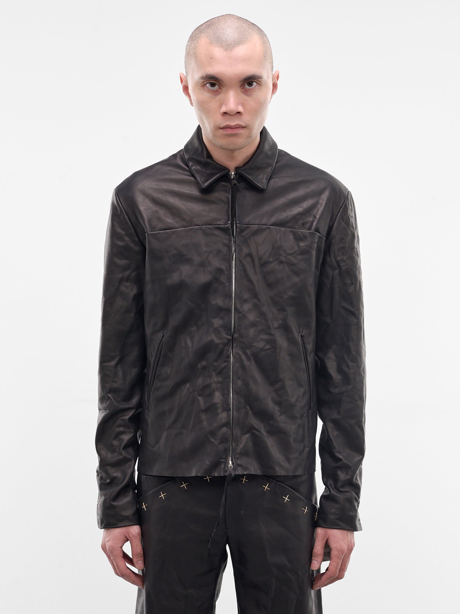 Black Leather Cross Zip Jacket (J250Z+-SY-1-0-BLACK)