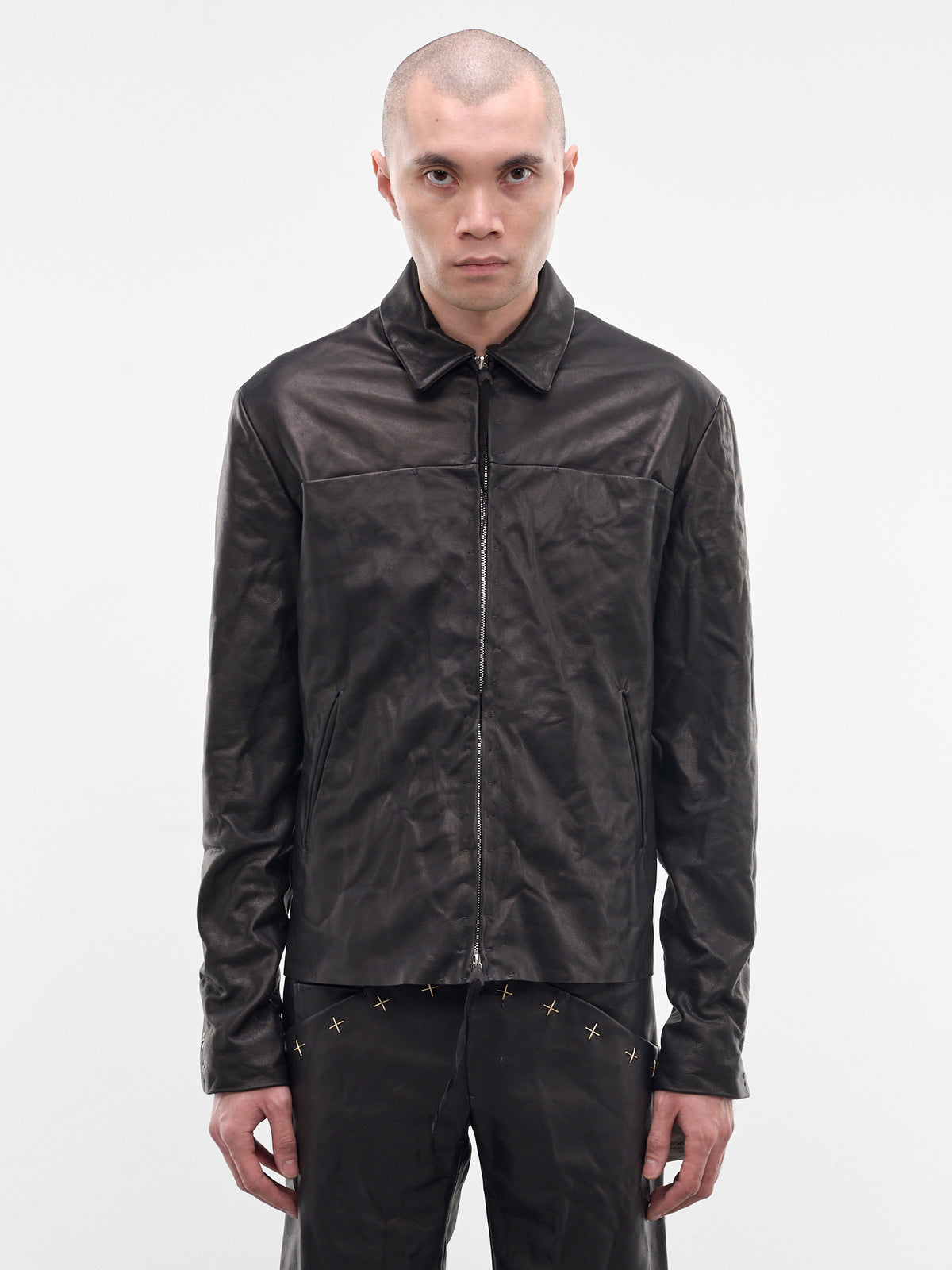 Black Leather Cross Zip Jacket (J250Z+-SY-1-0-BLACK)