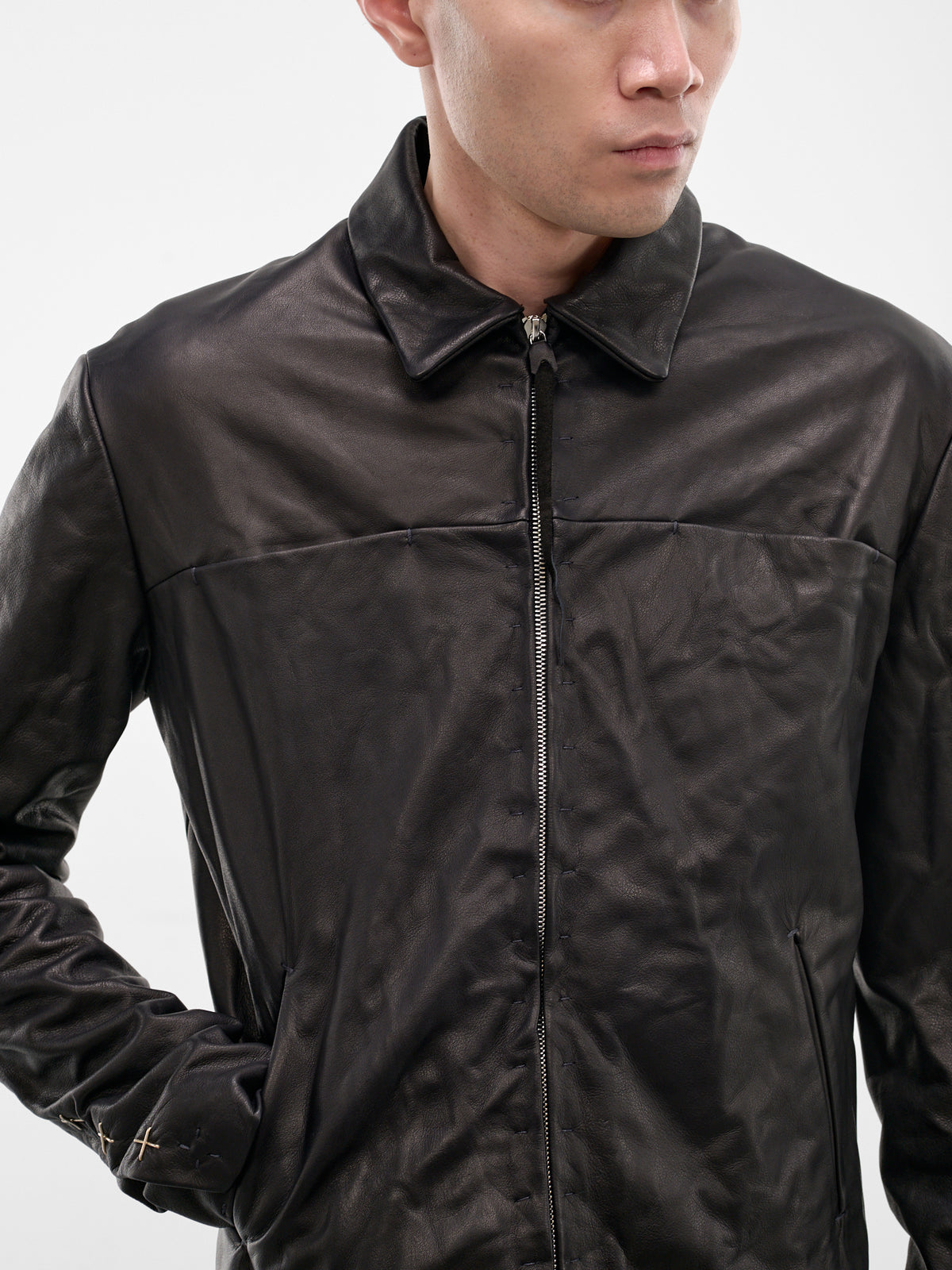 Black Leather Cross Zip Jacket (J250Z+-SY-1-0-BLACK)