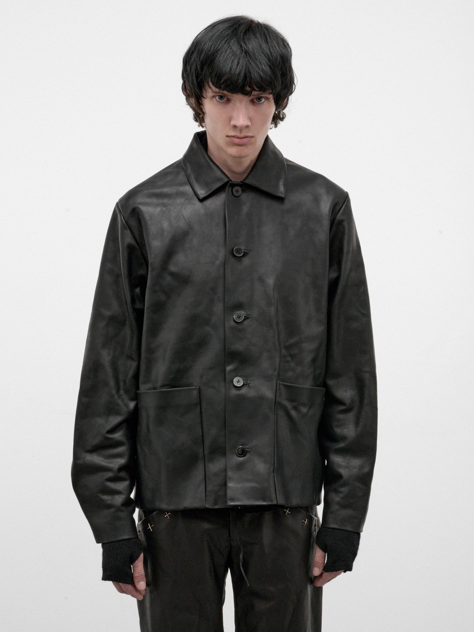 Black Leather Buttoned Jacket (J46-VA-1-0-BLACK)