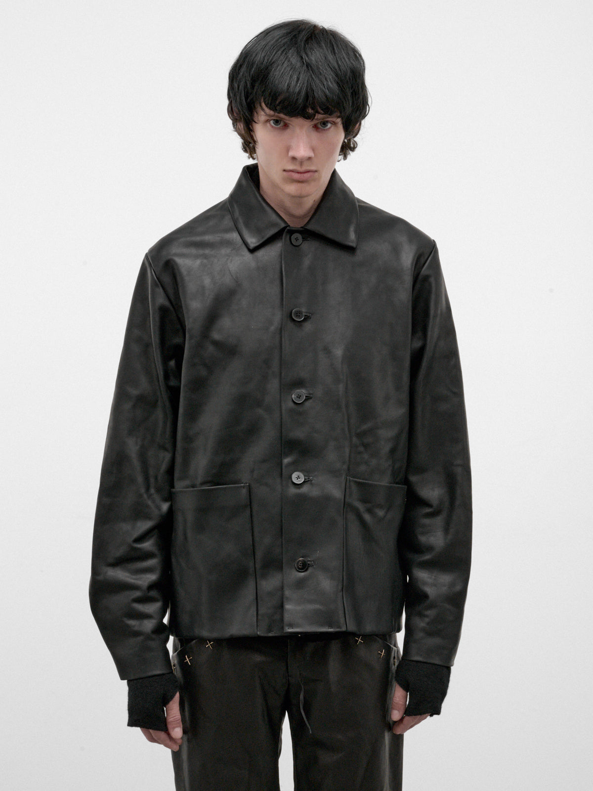 Black Leather Buttoned Jacket (J46-VA-1-0-BLACK)