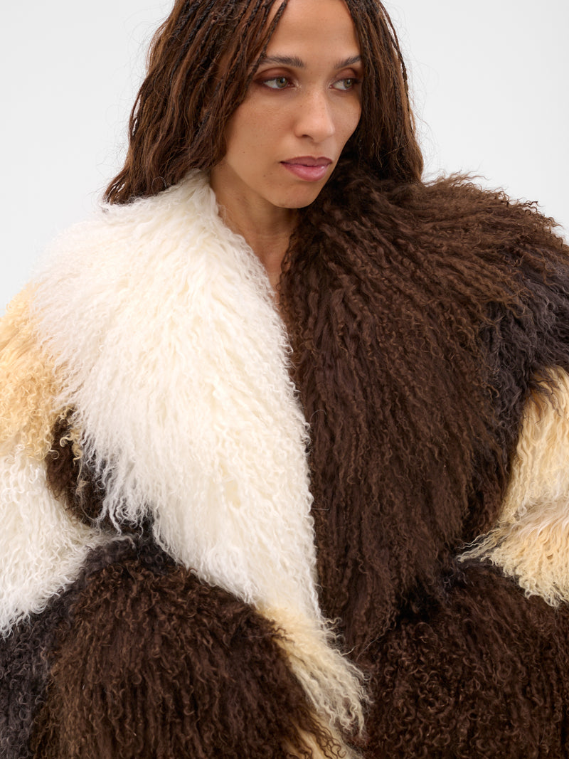 Brown Oversized Patchwork Shearling Jacket (JA-04-PATHWORK-MULTI)