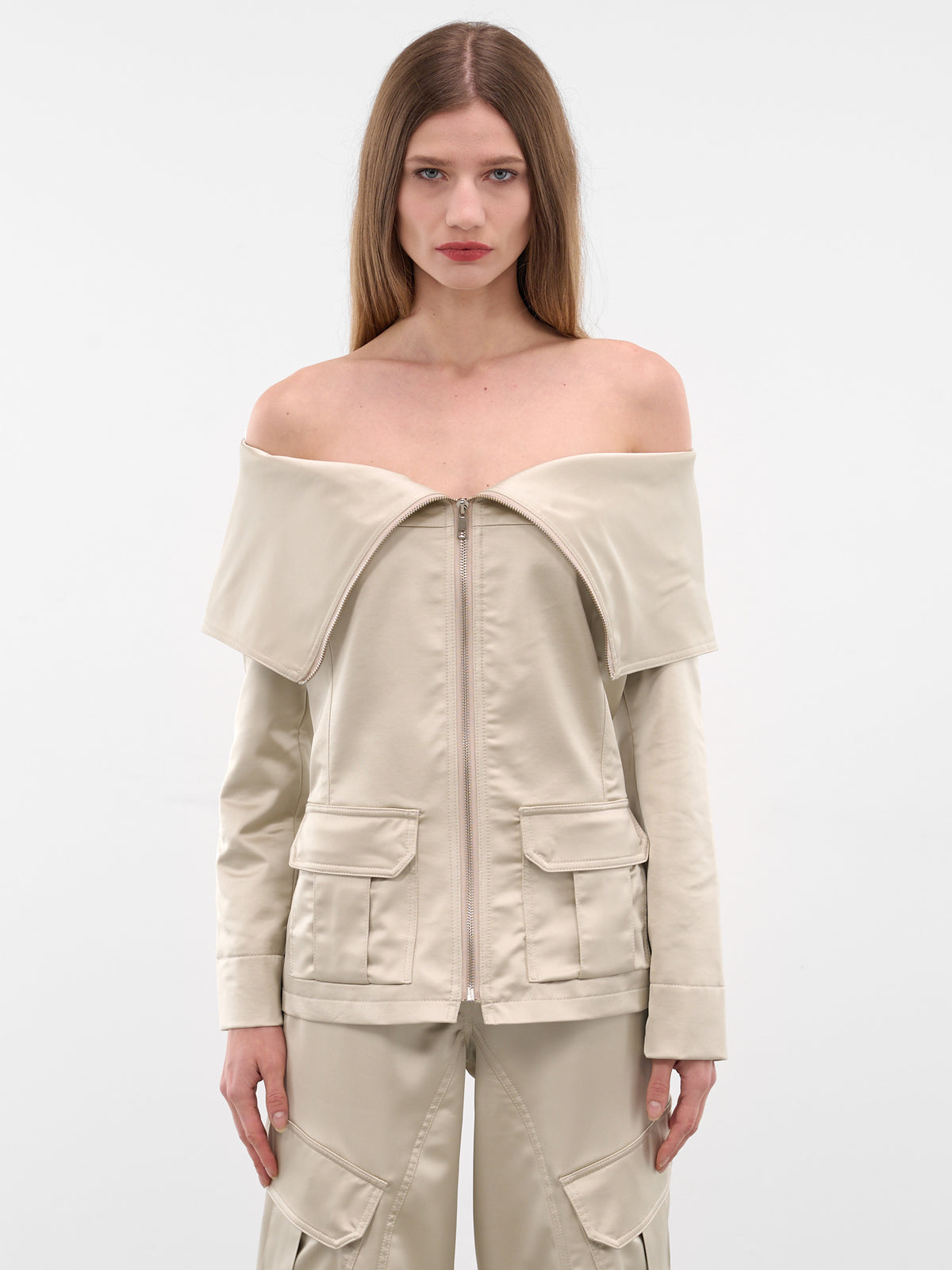 Ecru Satin Off-Shoulder Zip Jacket (JA043-ECRU)