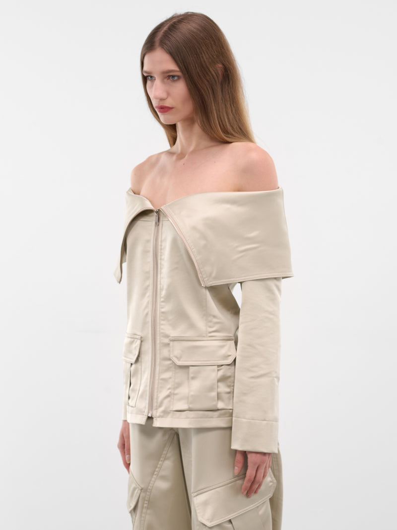 Ecru Satin Off-Shoulder Zip Jacket (JA043-ECRU)