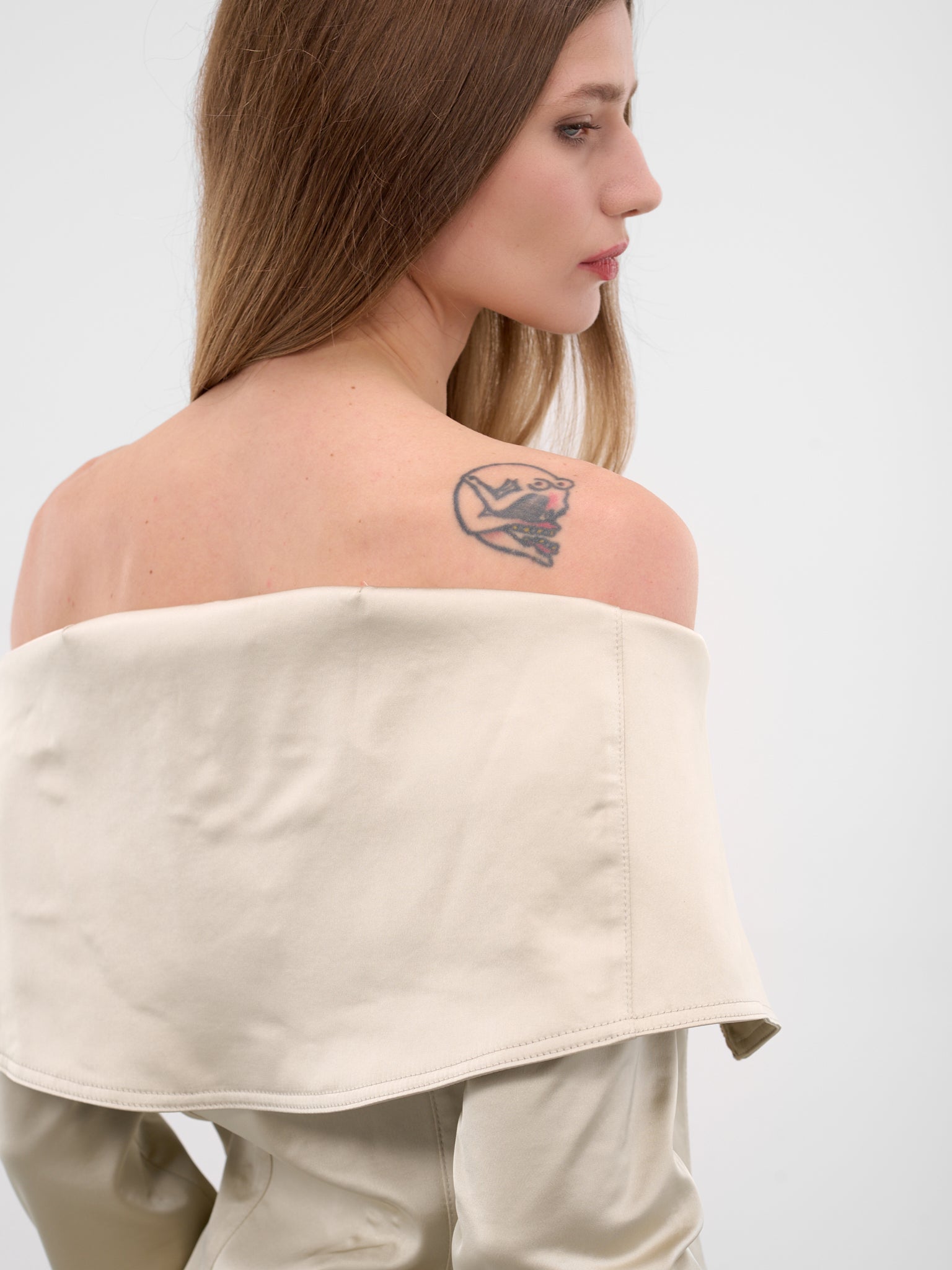 Ecru Satin Off-Shoulder Zip Jacket (JA043-ECRU)