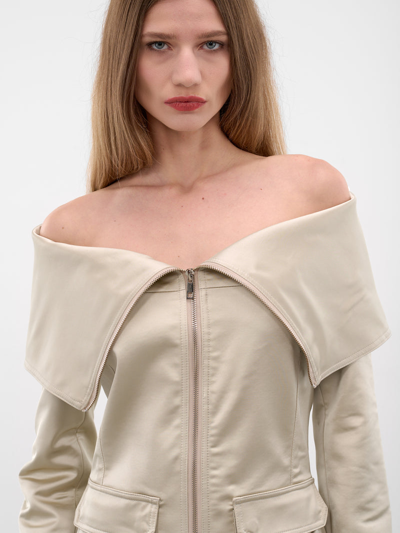 Ecru Satin Off-Shoulder Zip Jacket (JA043-ECRU)