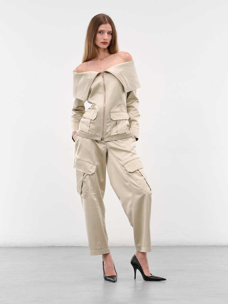 Ecru Satin Off-Shoulder Zip Jacket (JA043-ECRU)