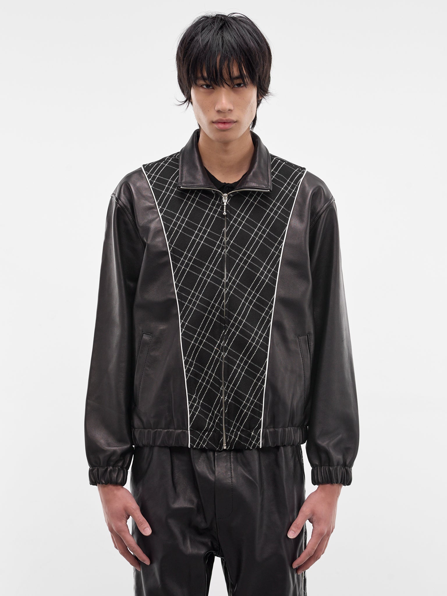 Black Leather & Wool Zip Jacket (JA85L-LE64-BLACK-CHECK)