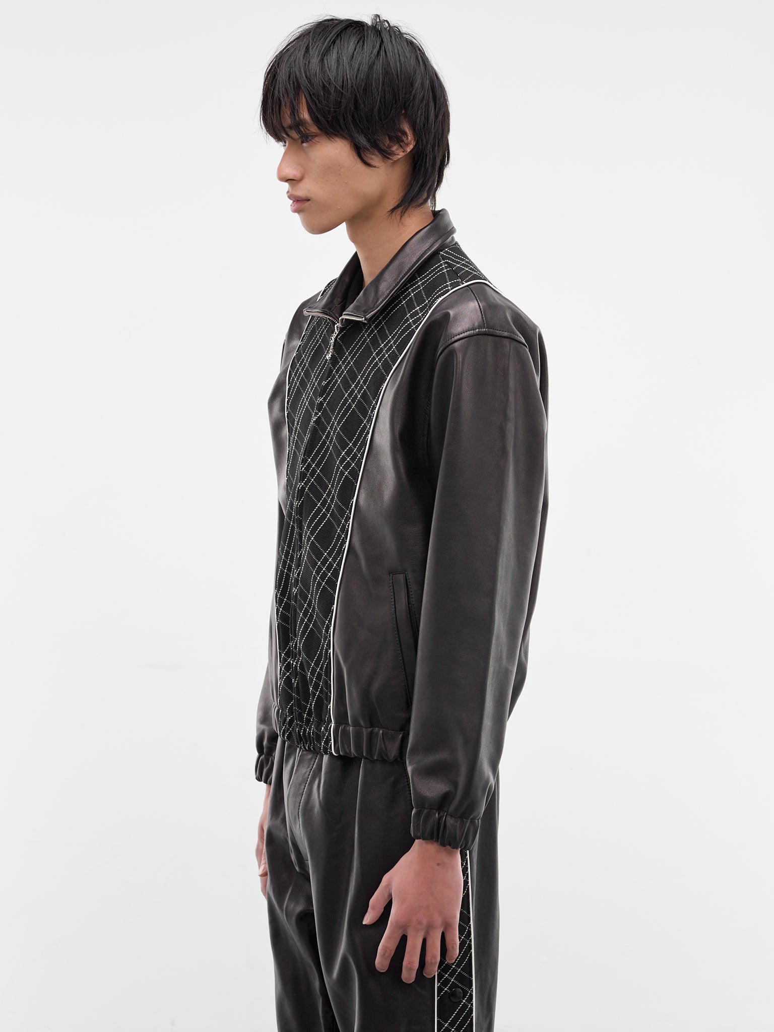 Black Leather & Wool Zip Jacket (JA85L-LE64-BLACK-CHECK)
