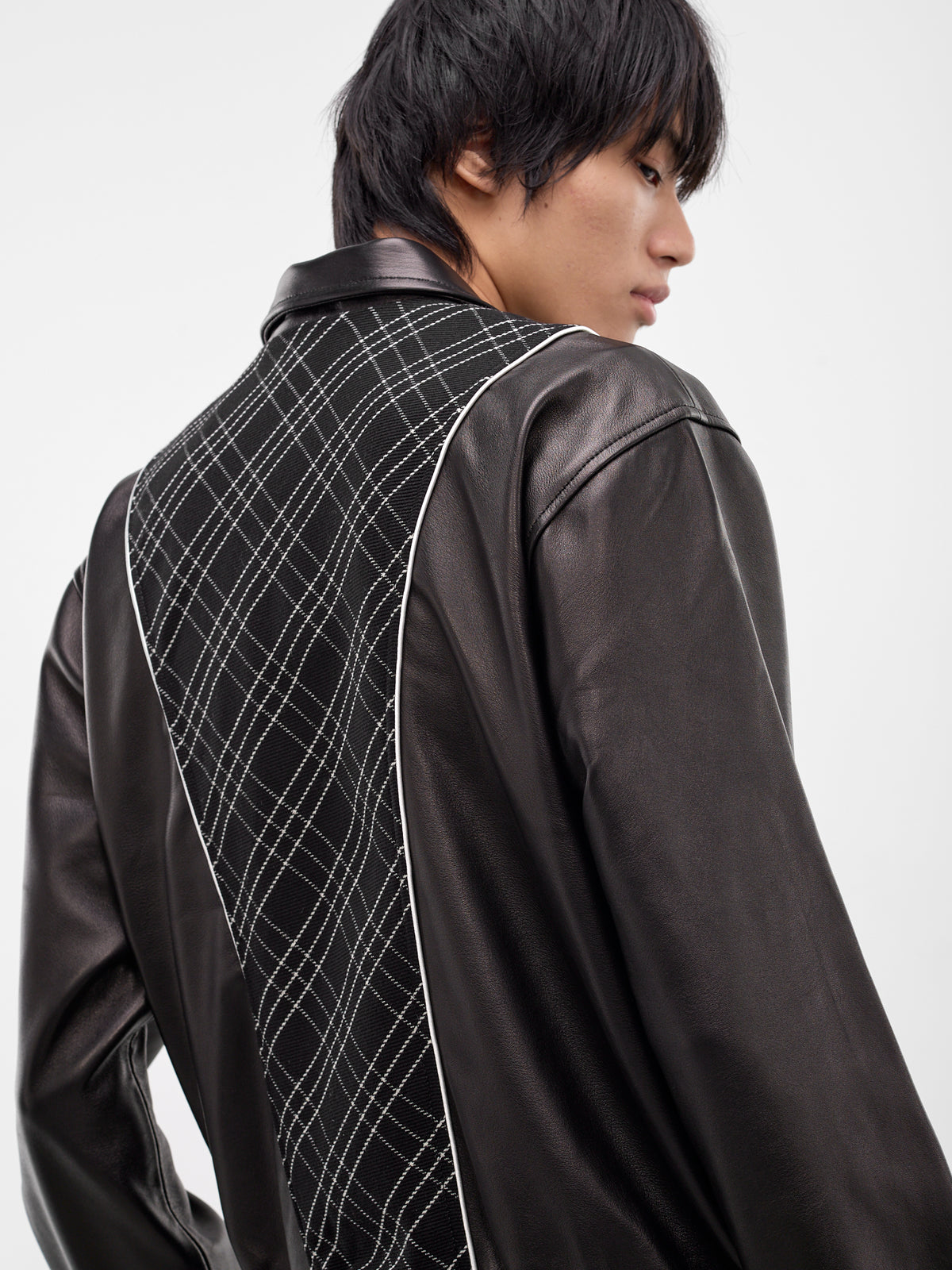 Black Leather & Wool Zip Jacket (JA85L-LE64-BLACK-CHECK)