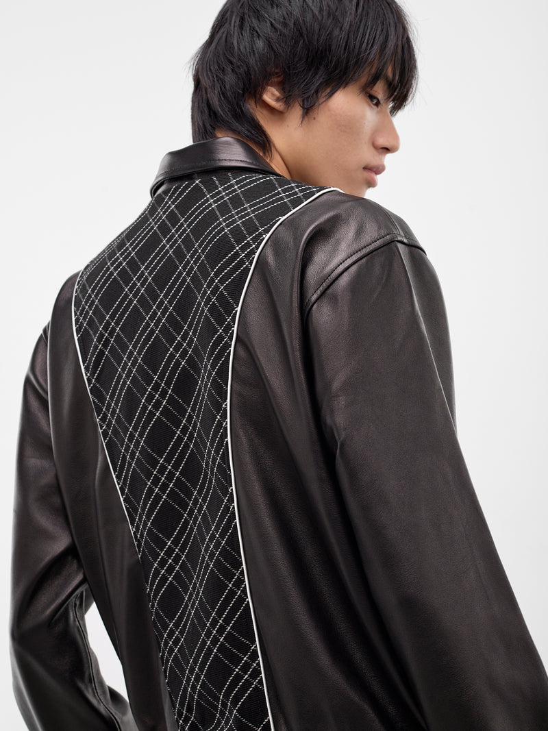 Black Leather & Wool Zip Jacket (JA85L-LE64-BLACK-CHECK)