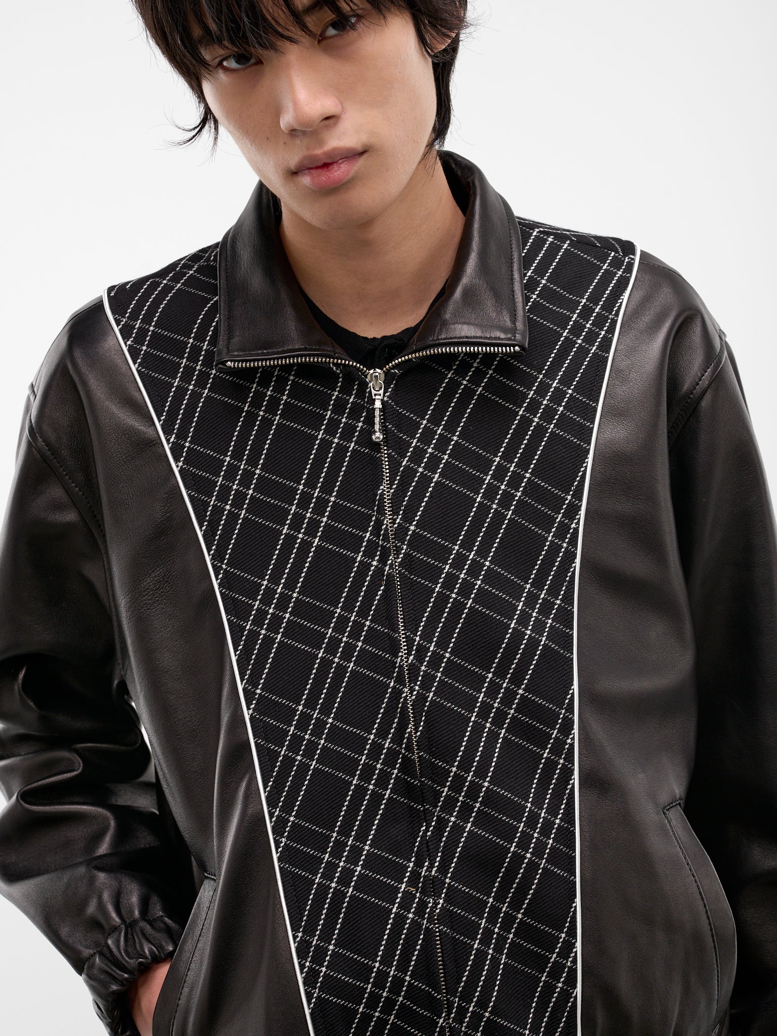 Black Leather & Wool Zip Jacket (JA85L-LE64-BLACK-CHECK)