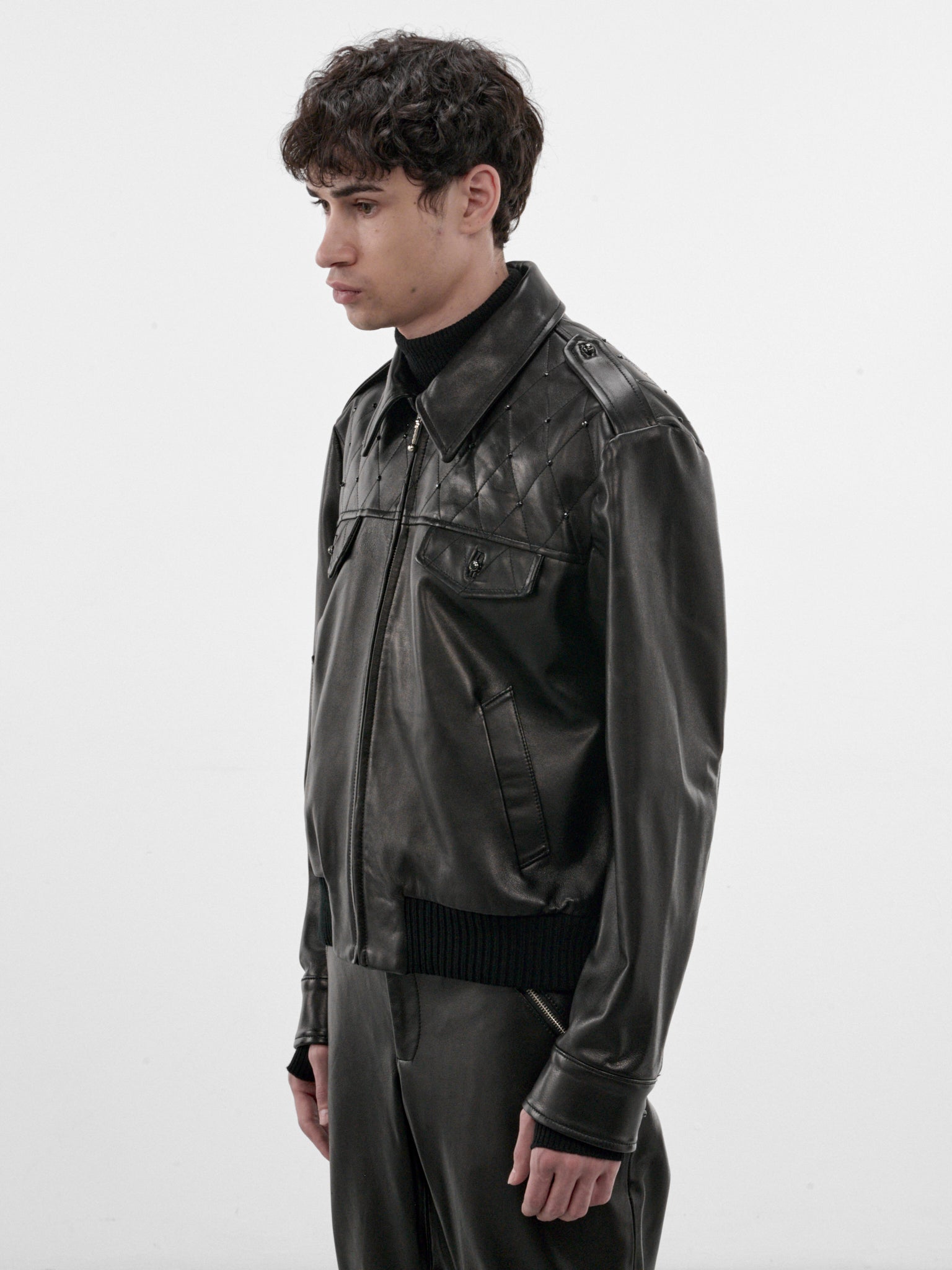 Black Crystal Leather Military Bomber (JA96LS-BLACK)